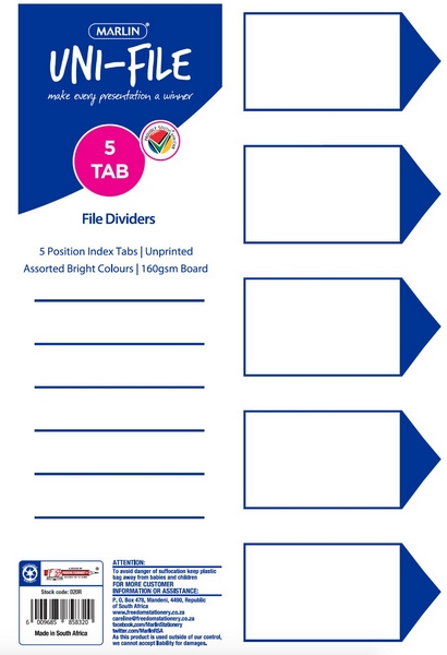 A4 File dividers / indexes 160gsm Bright board: 5 position